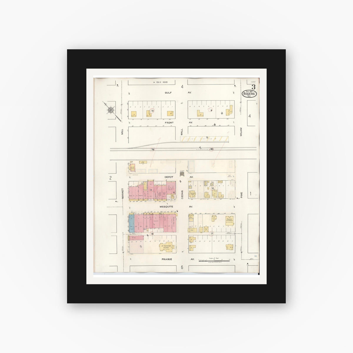 Old map wall art mockup — black gallery frame with white mat — Sanborn Fire Insurance Map from Rogers, Bell County, Texas (1944), Sheet #0003