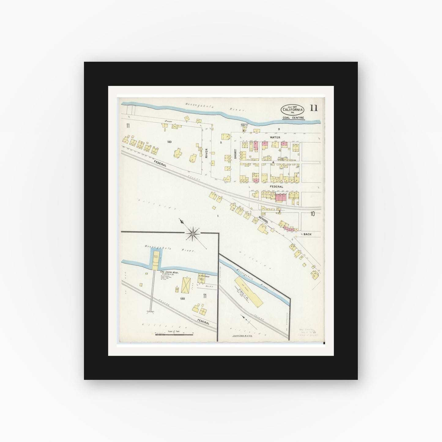 Old map wall art mockup — black gallery frame with white mat — Sanborn Fire Insurance Map from California, Washington County, Pennsylvania (1907), Sheet #0011