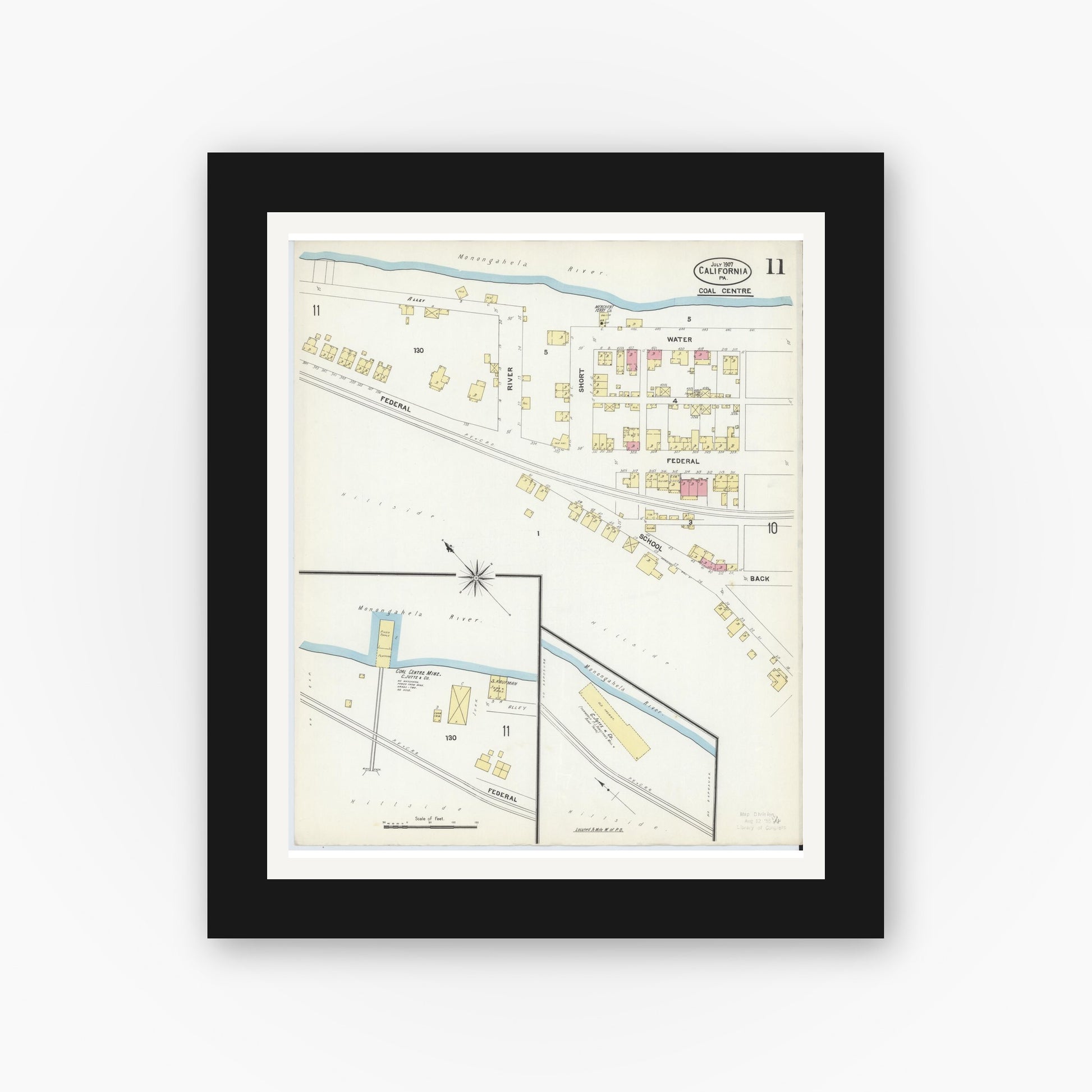 Old map wall art mockup — black gallery frame with white mat — Sanborn Fire Insurance Map from California, Washington County, Pennsylvania (1907), Sheet #0011