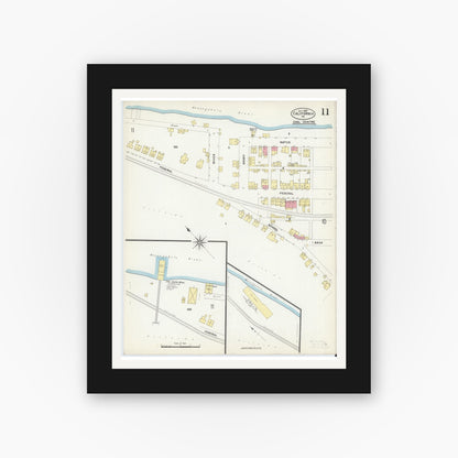 Old map wall art mockup — black gallery frame with white mat — Sanborn Fire Insurance Map from California, Washington County, Pennsylvania (1907), Sheet #0011
