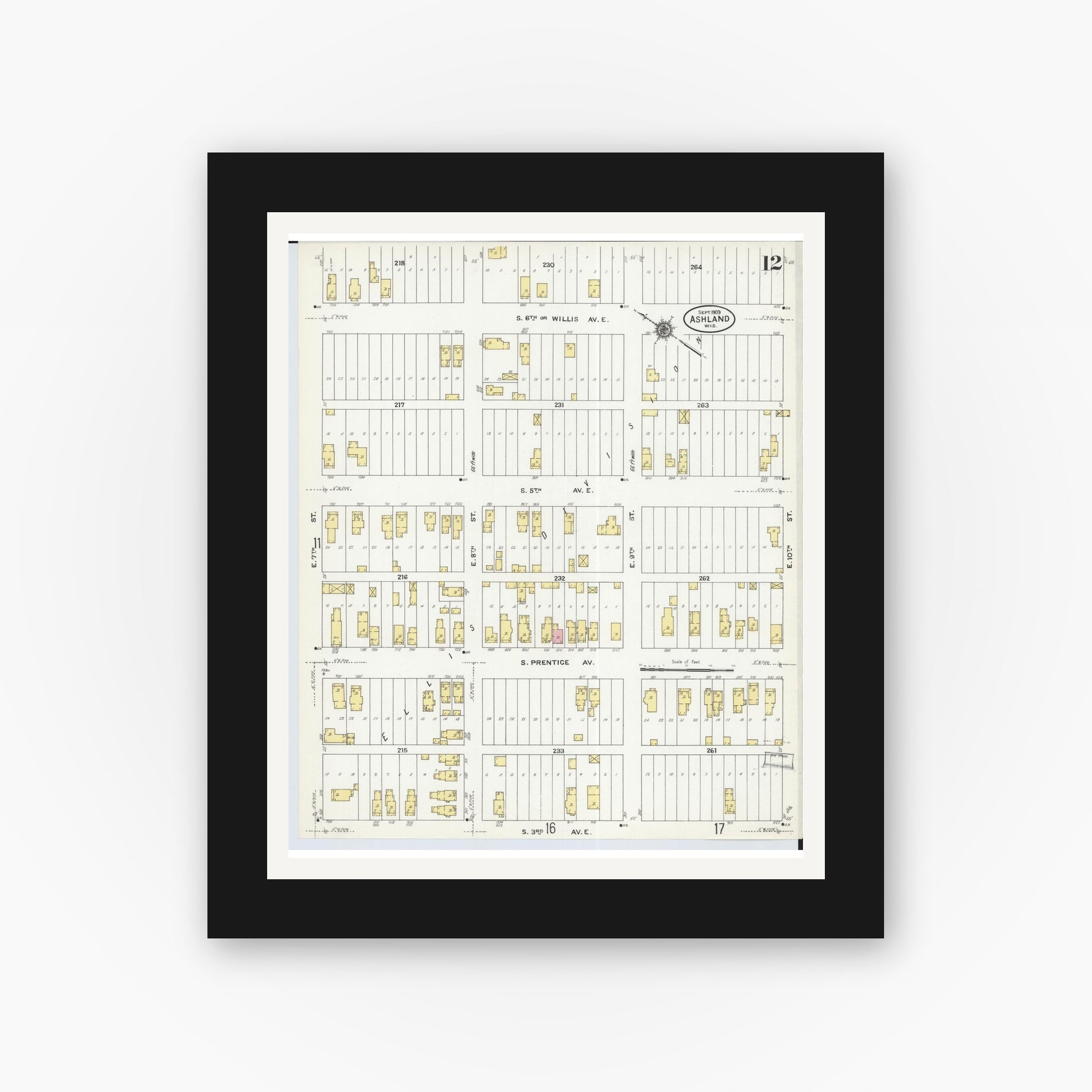 Old map wall art mockup — black gallery frame with white mat — Sanborn Fire Insurance Map from Ashland, Ashland County, Wisconsin (1909), Sheet #0012