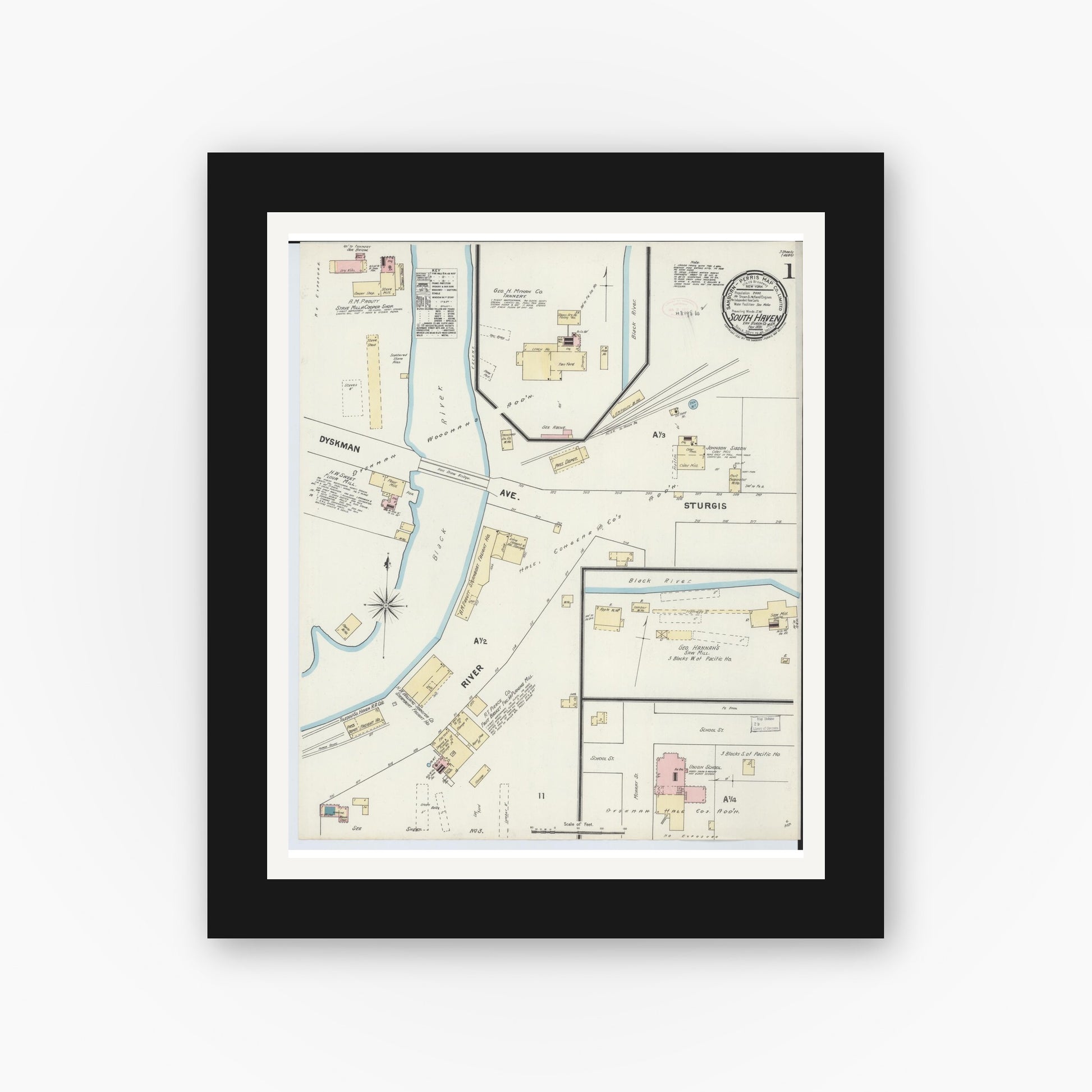 Old map wall art mockup — black gallery frame with white mat — Sanborn Fire Insurance Map from South Haven, Van Buren County, Michigan (1891) - Complete Map Set