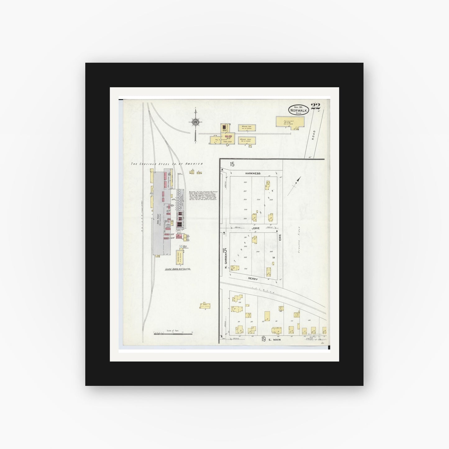 Old map wall art mockup — black gallery frame with white mat — Sanborn Fire Insurance Map from Norwalk, Huron County, Ohio (1911), Sheet #0022