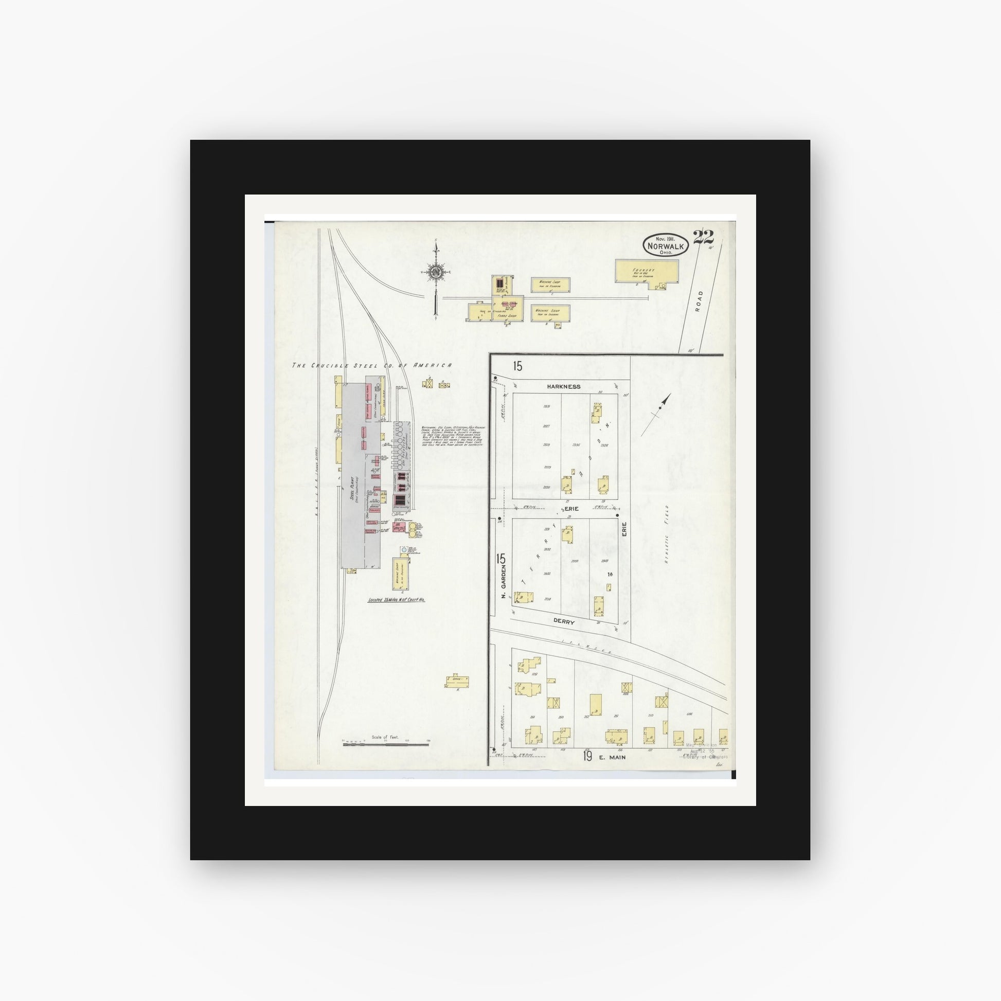 Old map wall art mockup — black gallery frame with white mat — Sanborn Fire Insurance Map from Norwalk, Huron County, Ohio (1911), Sheet #0022