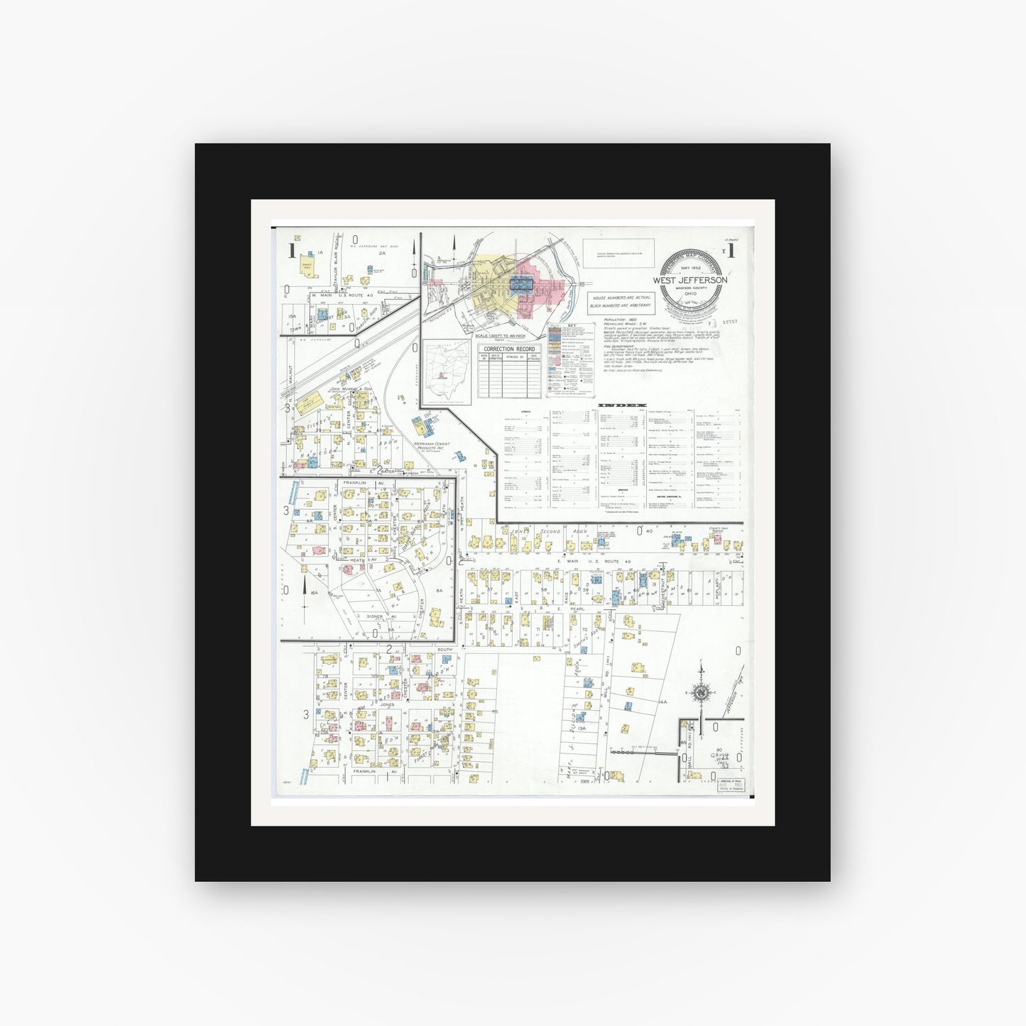 Old map wall art mockup — black gallery frame with white mat — Sanborn Fire Insurance Map from West Jefferson, Madison County, Ohio (1952) - Complete Map Set