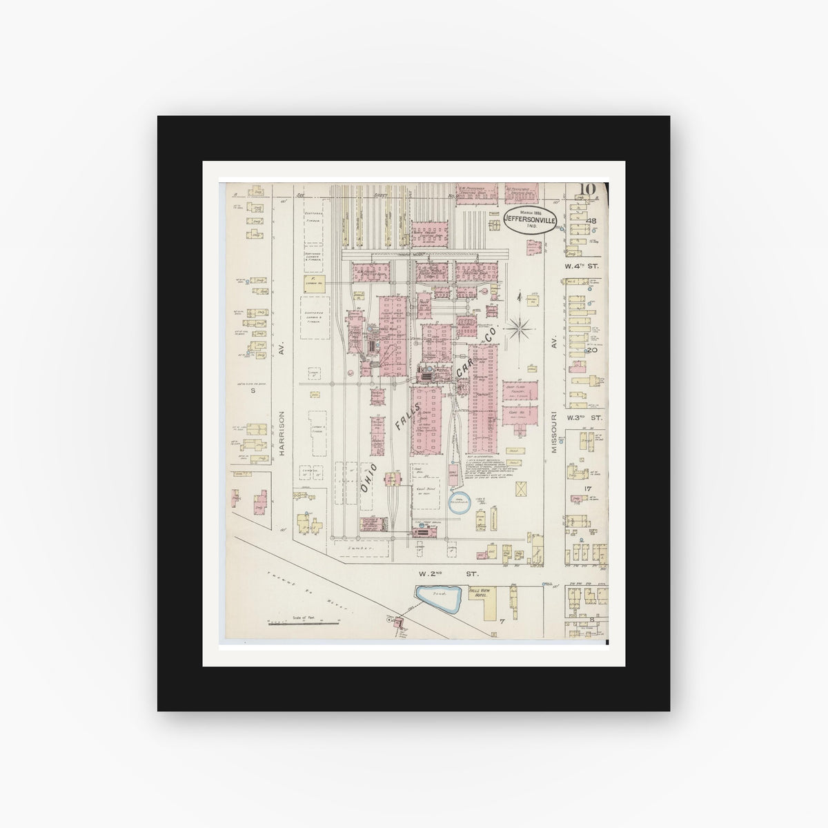 Old map wall art mockup — black gallery frame with white mat — Sanborn Fire Insurance Map from Jeffersonville, Clark County, Indiana (1886), Sheet #0010