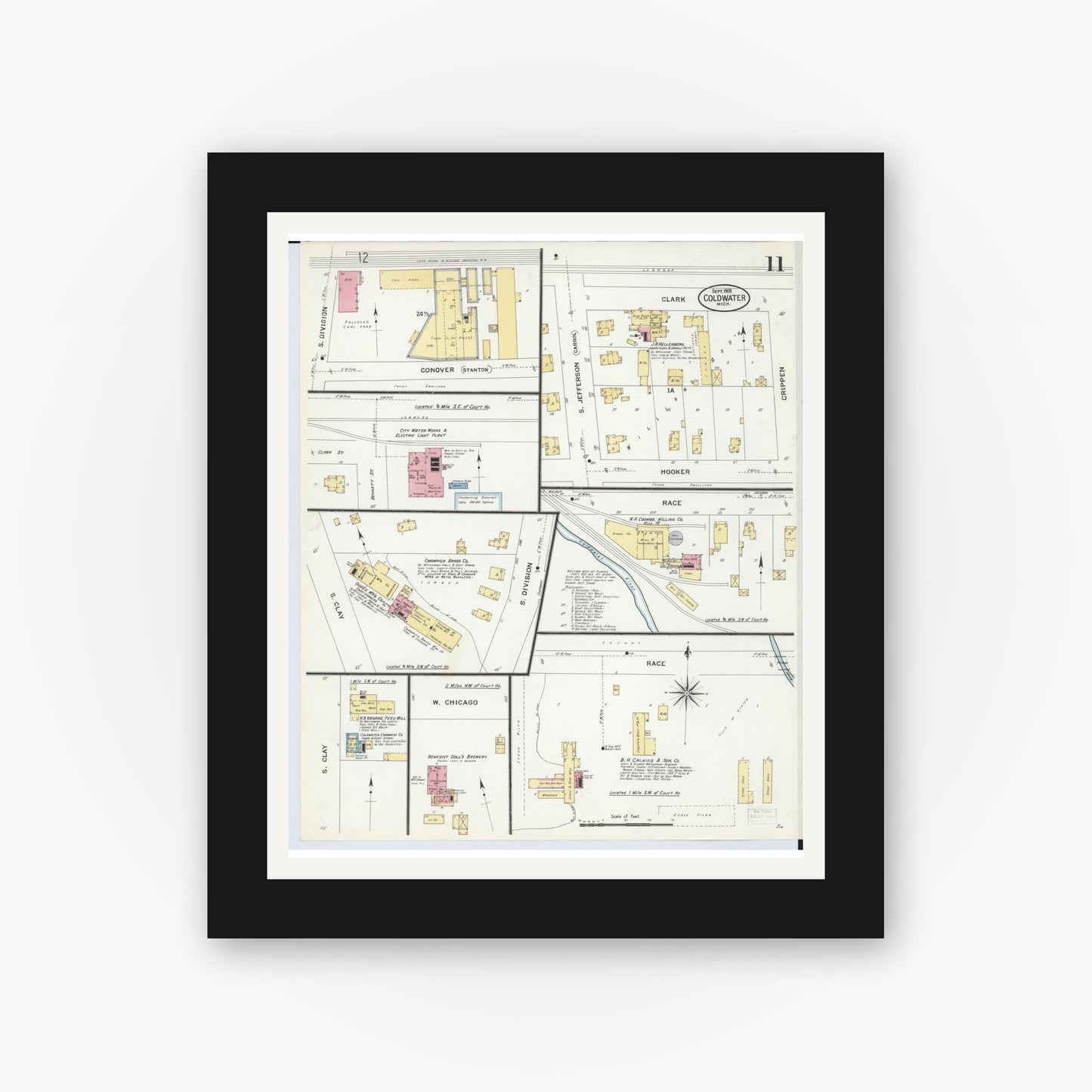 Old map wall art mockup — black gallery frame with white mat — Sanborn Fire Insurance Map from Coldwater, Branch County, Michigan (1908), Sheet #0011