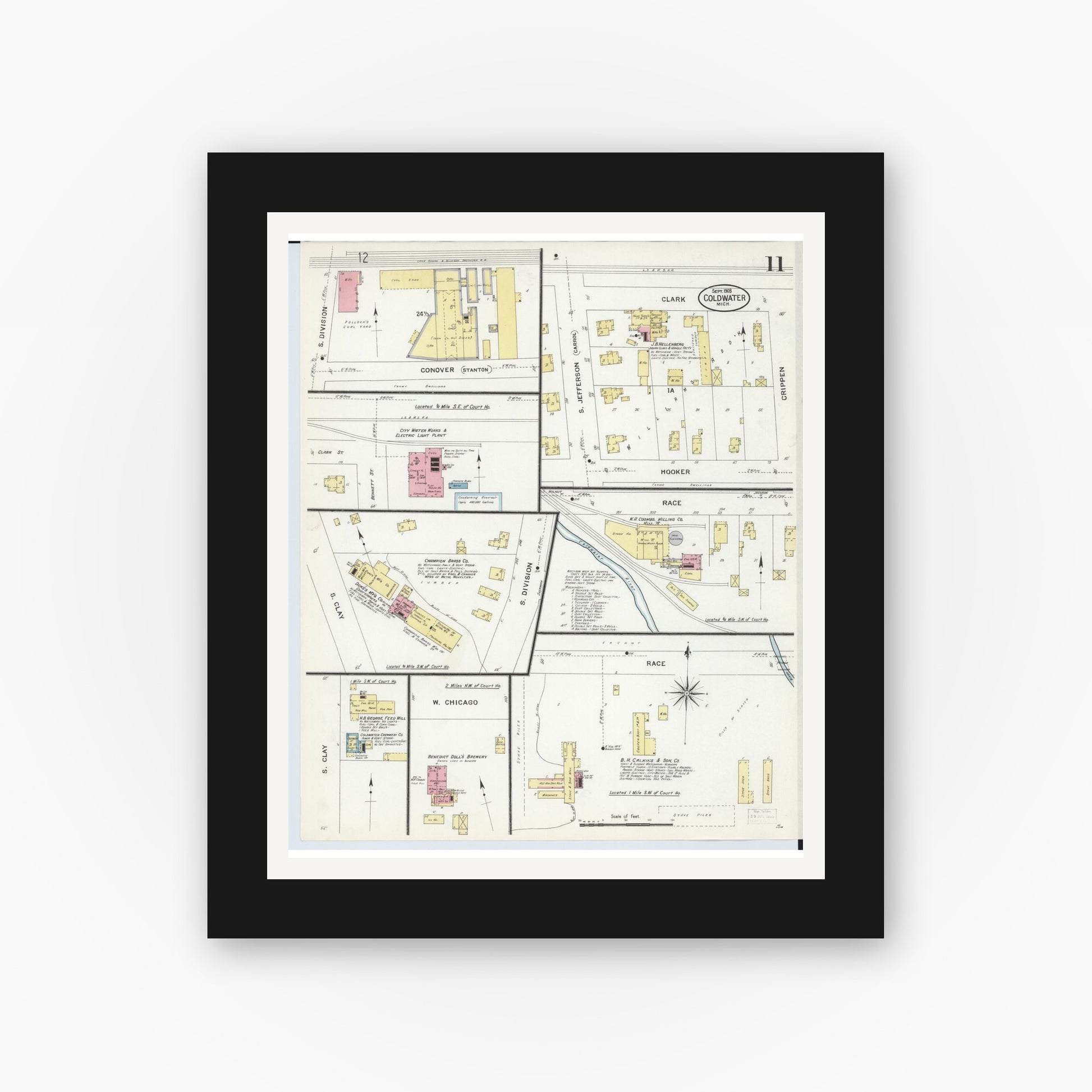 Old map wall art mockup — black gallery frame with white mat — Sanborn Fire Insurance Map from Coldwater, Branch County, Michigan (1908), Sheet #0011