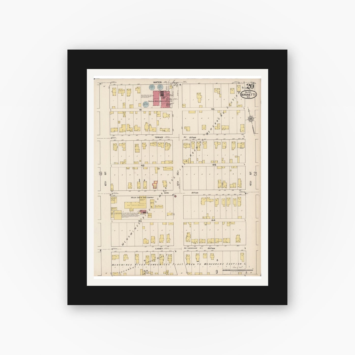 Old map wall art mockup — black gallery frame with white mat — Sanborn Fire Insurance Map from Marinette, Marinette County, Wisconsin (1921), Sheet #0020
