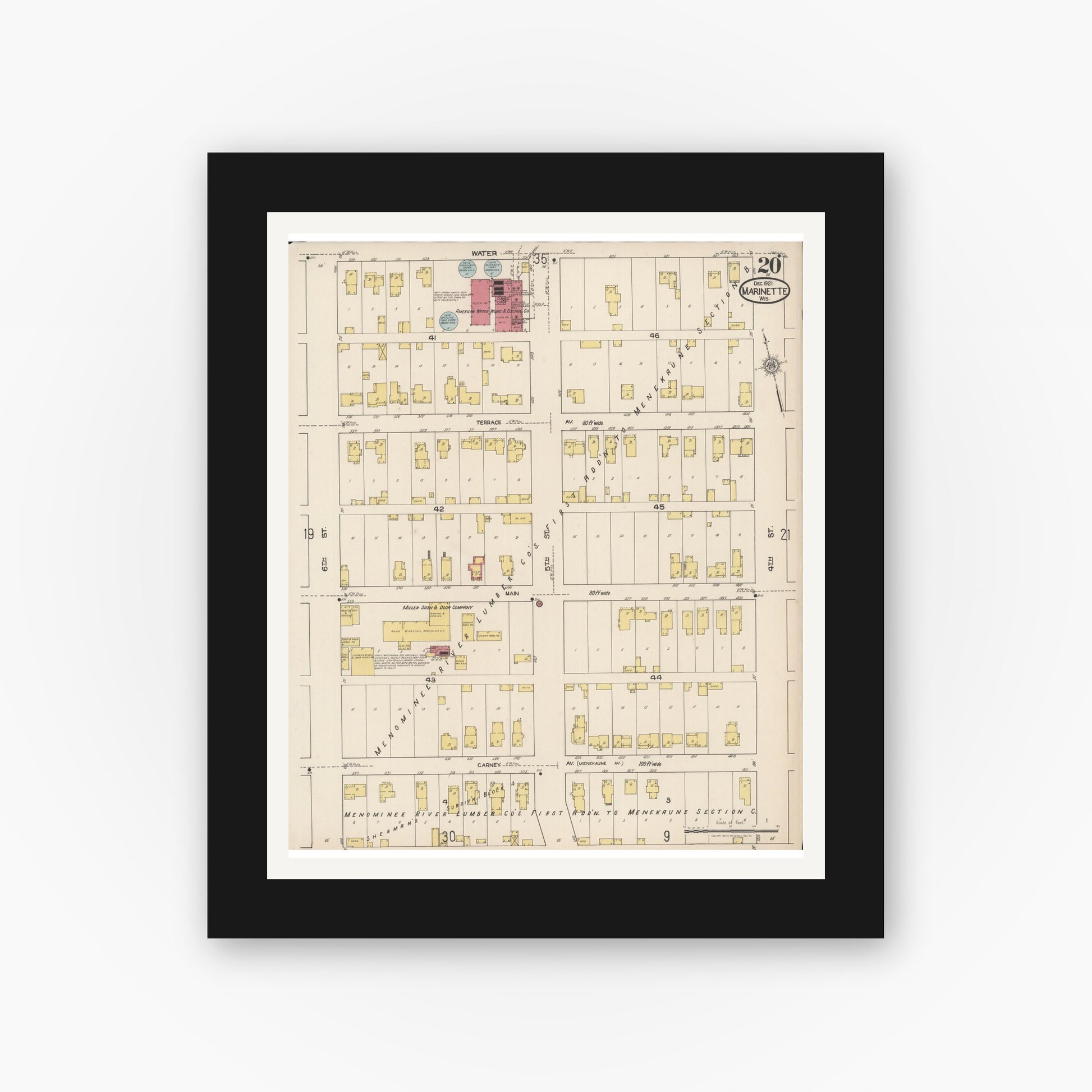 Old map wall art mockup — black gallery frame with white mat — Sanborn Fire Insurance Map from Marinette, Marinette County, Wisconsin (1921), Sheet #0020