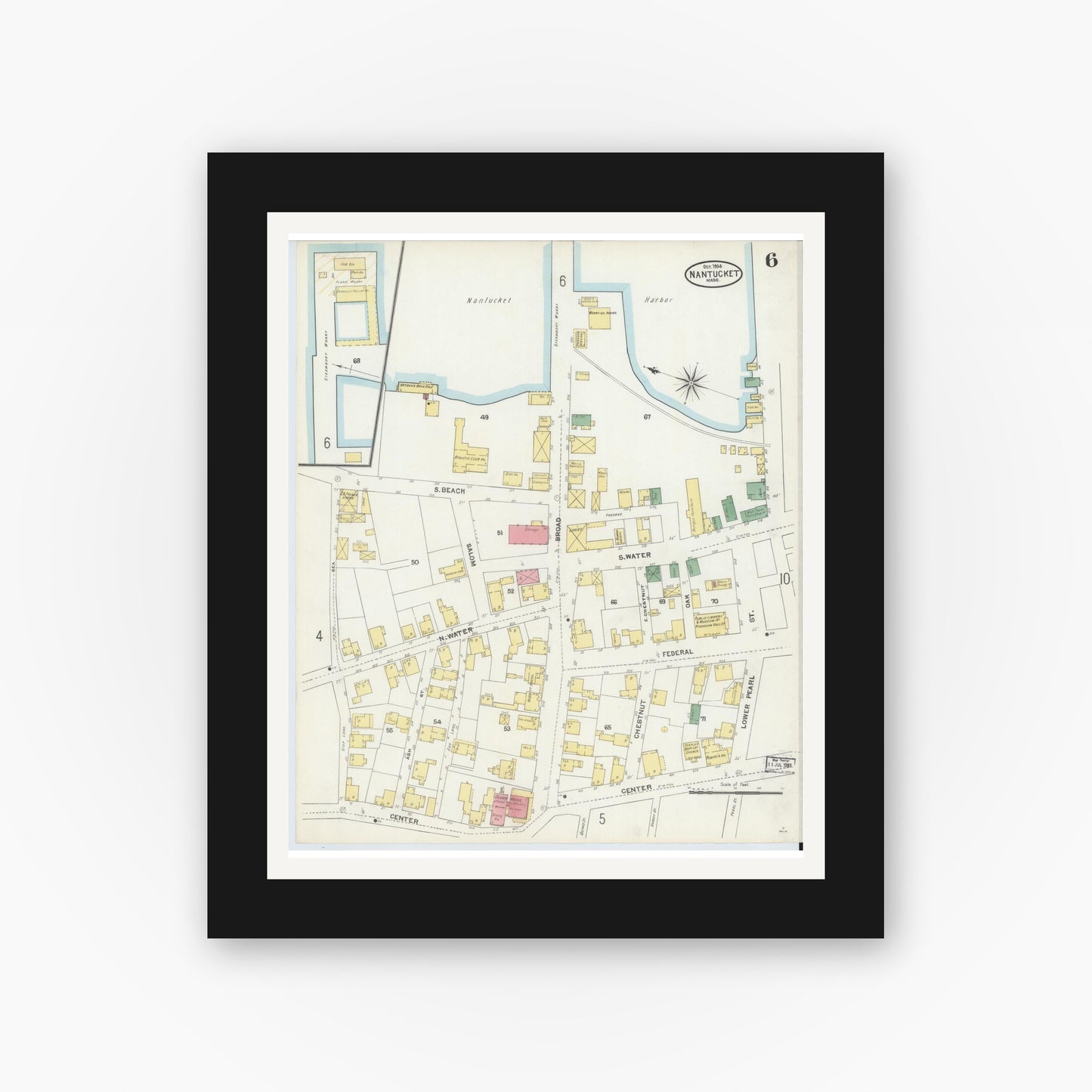 Old map wall art mockup — black gallery frame with white mat — Sanborn Fire Insurance Map from Nantucket, Nantucket County, Massachusetts (1904), Sheet #0006