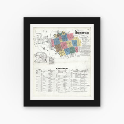 Old map wall art mockup — black gallery frame with white mat — Sanborn Fire Insurance Map from Brownwood, Brown County, Texas (1923) - Complete Map Set