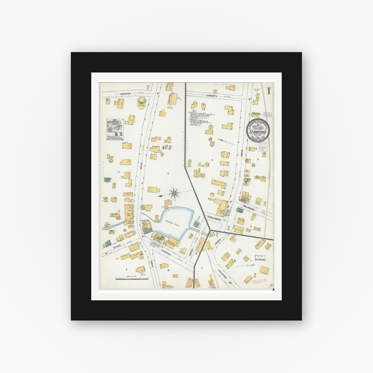 Old map wall art mockup — black gallery frame with white mat — Sanborn Fire Insurance Map from Stamford, Delaware County, New York (1904) - Complete Map Set