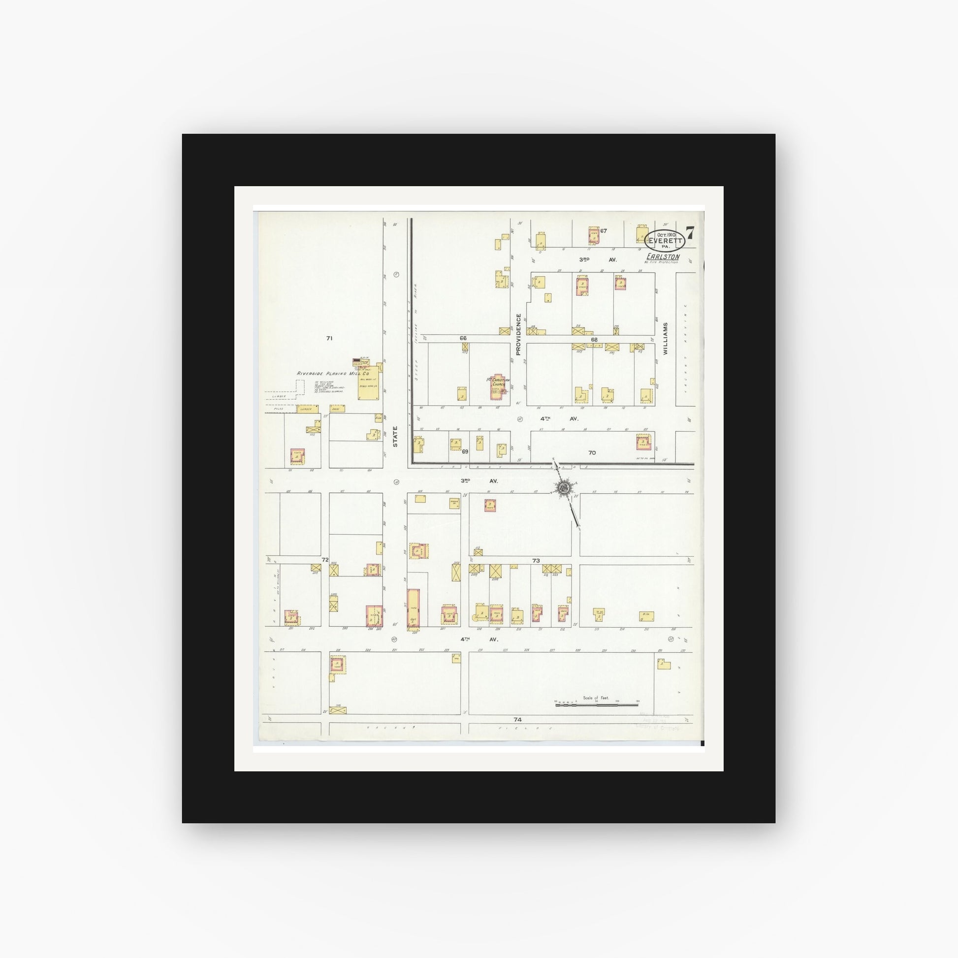 Old map wall art mockup — black gallery frame with white mat — Sanborn Fire Insurance Map from Everett, Bedford County, Pennsylvania (1910), Sheet #0007