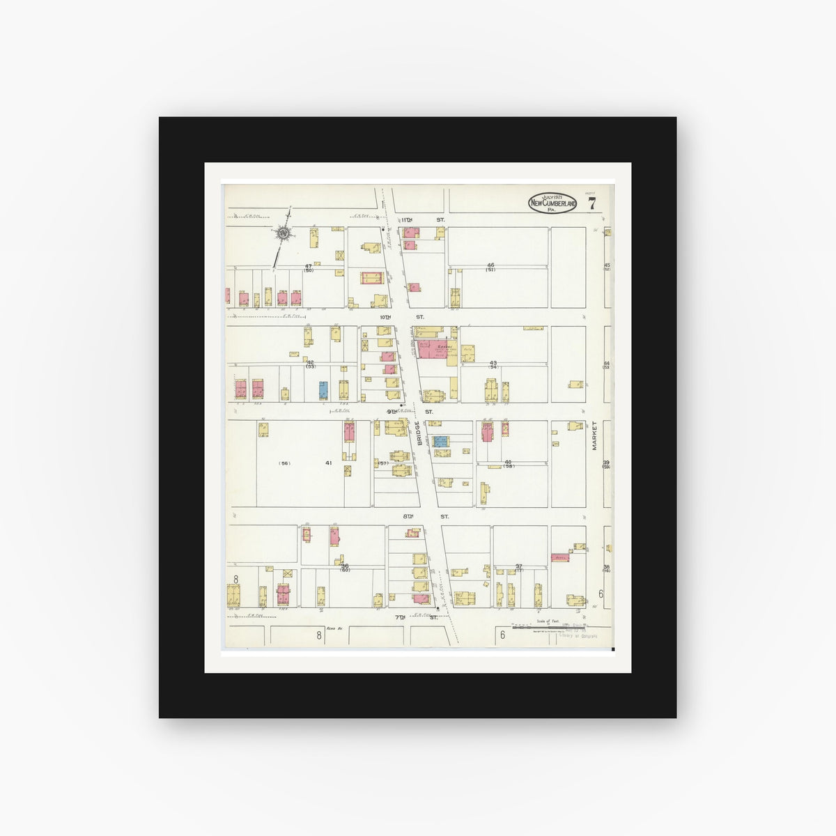 Old map wall art mockup — black gallery frame with white mat — Sanborn Fire Insurance Map from New Cumberland, Cumberland County, Pennsylvania (1921), Sheet #0007