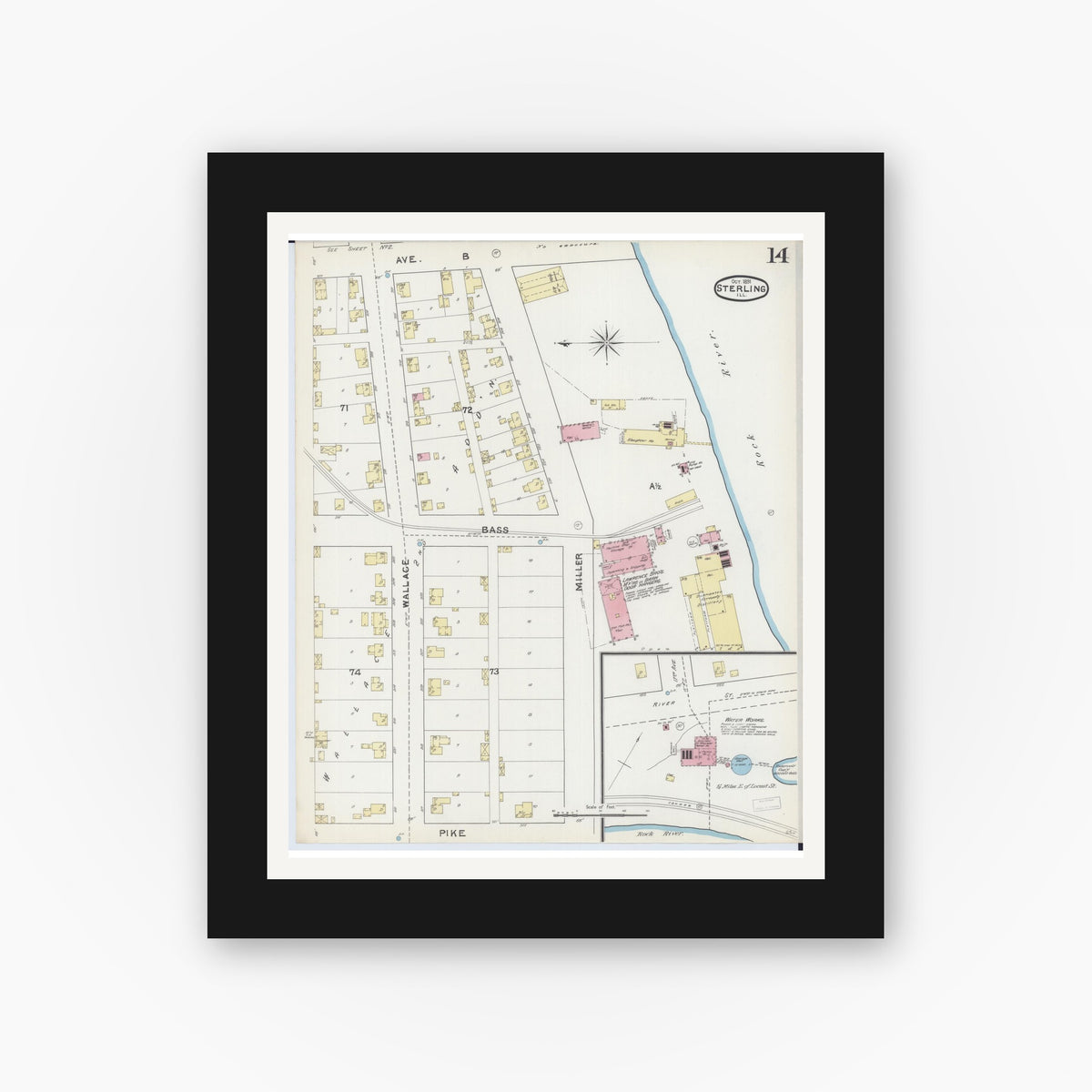 Old map wall art mockup — black gallery frame with white mat — Sanborn Fire Insurance Map from Sterling, Whiteside County, Illinois (1891), Sheet #0014