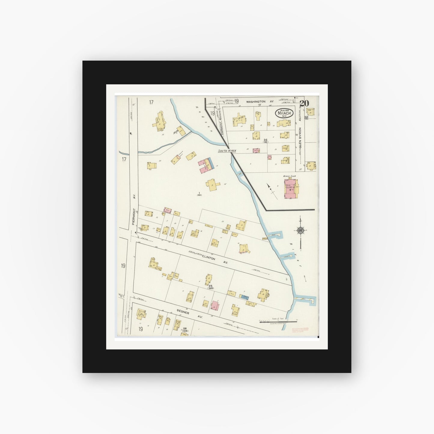 Old map wall art mockup — black gallery frame with white mat — Sanborn Fire Insurance Map from Nyack, Rockland County, New York. (1919), Sheet #0020