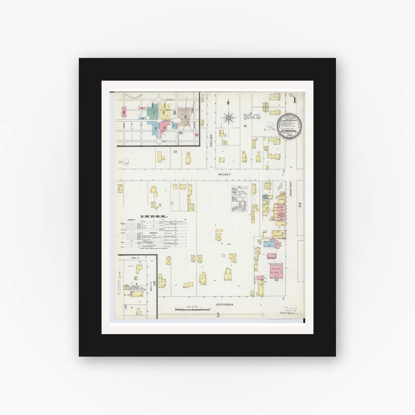 Old map wall art mockup — black gallery frame with white mat — Sanborn Fire Insurance Map from Jefferson, Ashtabula County, Ohio (1896), Sheet #0001