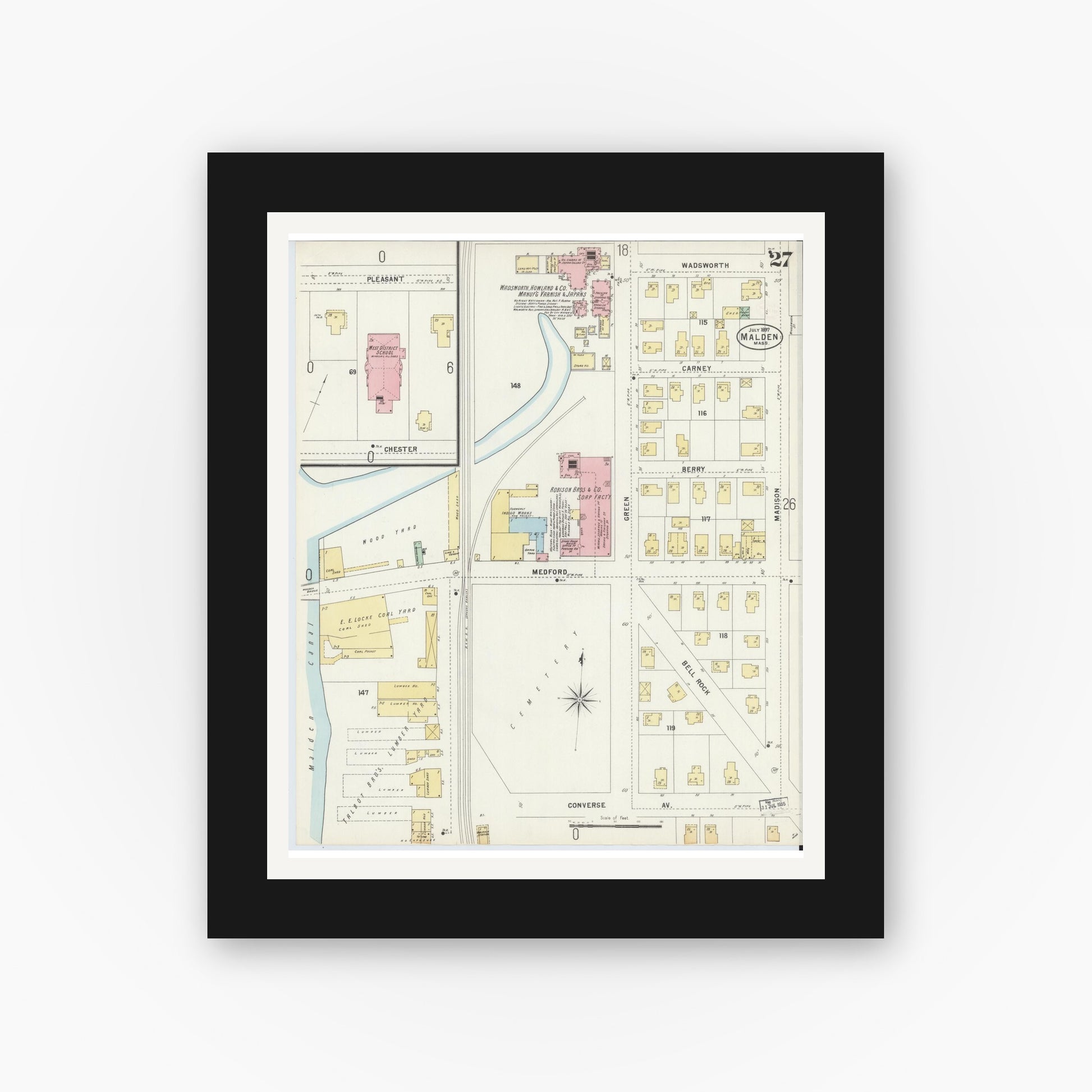 Old map wall art mockup — black gallery frame with white mat — Sanborn Fire Insurance Map from Malden, Middlesex County, Massachusetts (1897), Sheet #0027