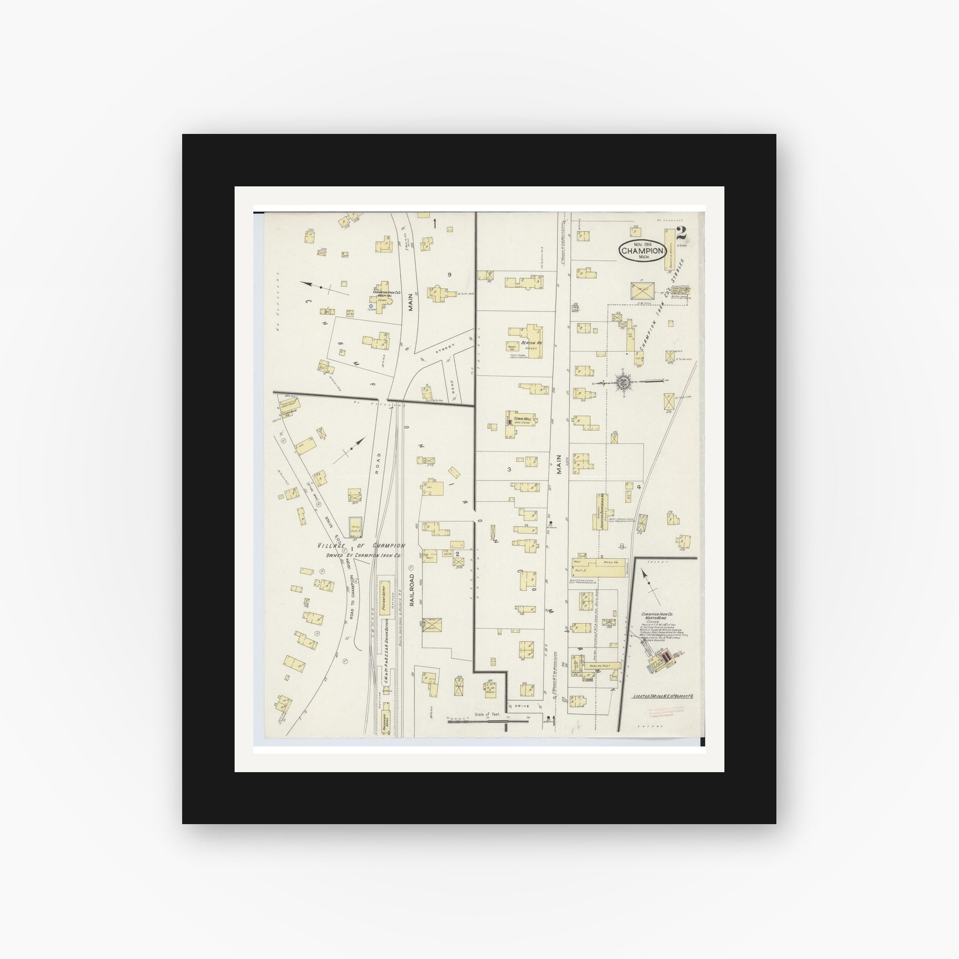 Old map wall art mockup — black gallery frame with white mat — Sanborn Fire Insurance Map from Champion, Marquette County, Michigan (1914), Sheet #0002