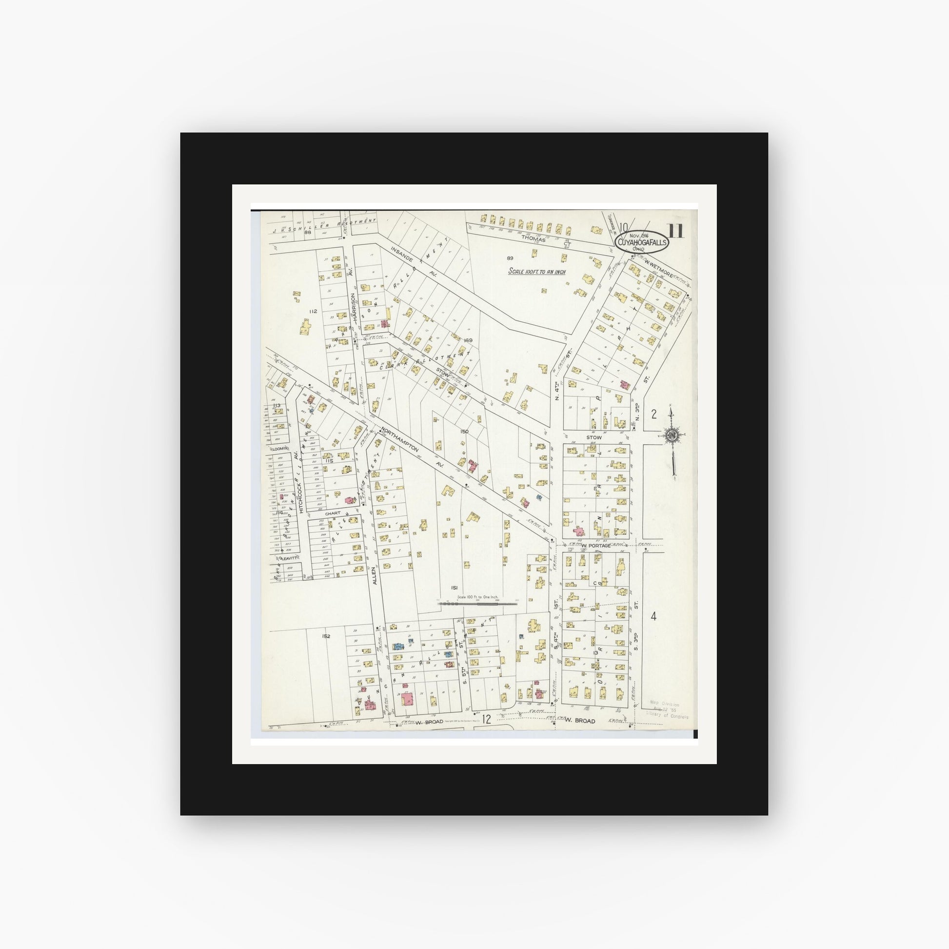 Old map wall art mockup — black gallery frame with white mat — Sanborn Fire Insurance Map from Cuyahoga Falls, Summit County, Ohio (1916), Sheet #0011