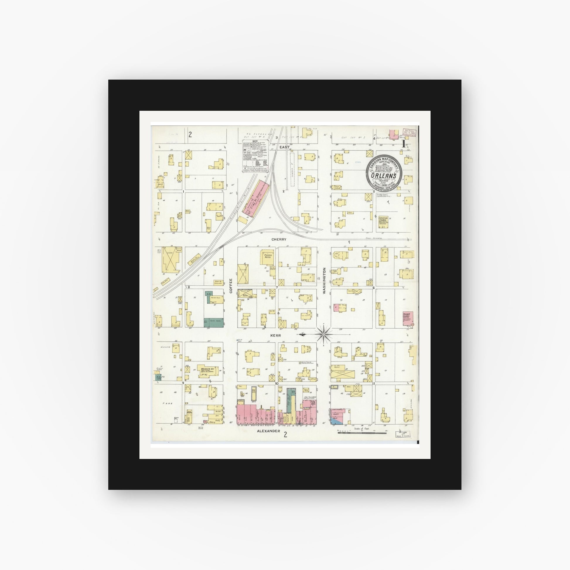 Old map wall art mockup — black gallery frame with white mat — Sanborn Fire Insurance Map from Orleans, Orange County, Indiana (1909) - Complete Map Set