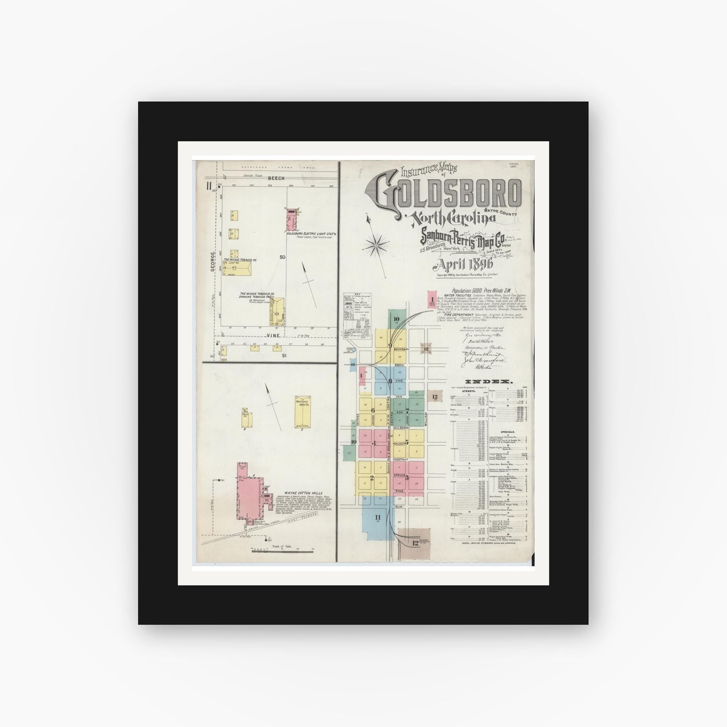Old map wall art mockup — black gallery frame with white mat — Sanborn Fire Insurance Map from Goldsboro, Wayne County, North Carolina (1896) - Complete Map Set