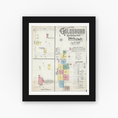 Old map wall art mockup — black gallery frame with white mat — Sanborn Fire Insurance Map from Goldsboro, Wayne County, North Carolina (1896) - Complete Map Set