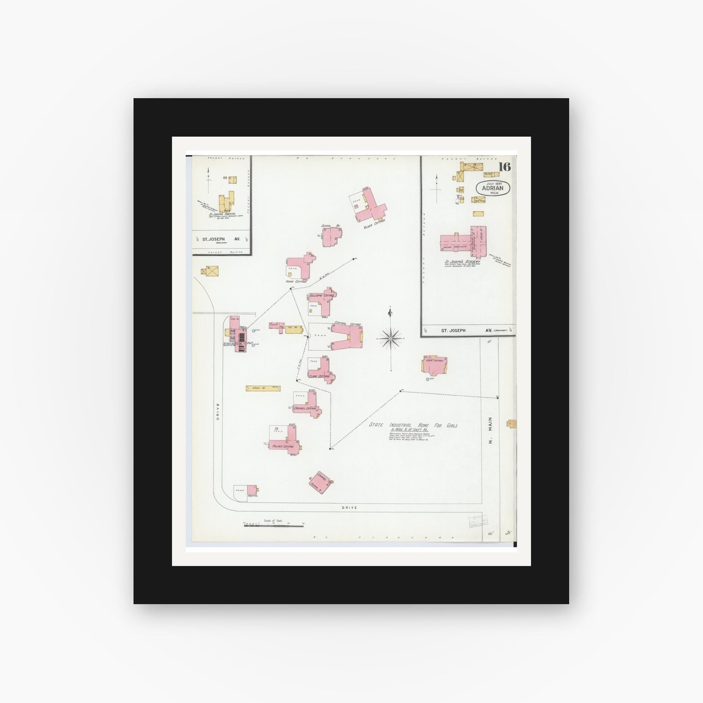Old map wall art mockup — black gallery frame with white mat — Sanborn Fire Insurance Map from Adrian, Lenawee County, Michigan (1899), Sheet #0016