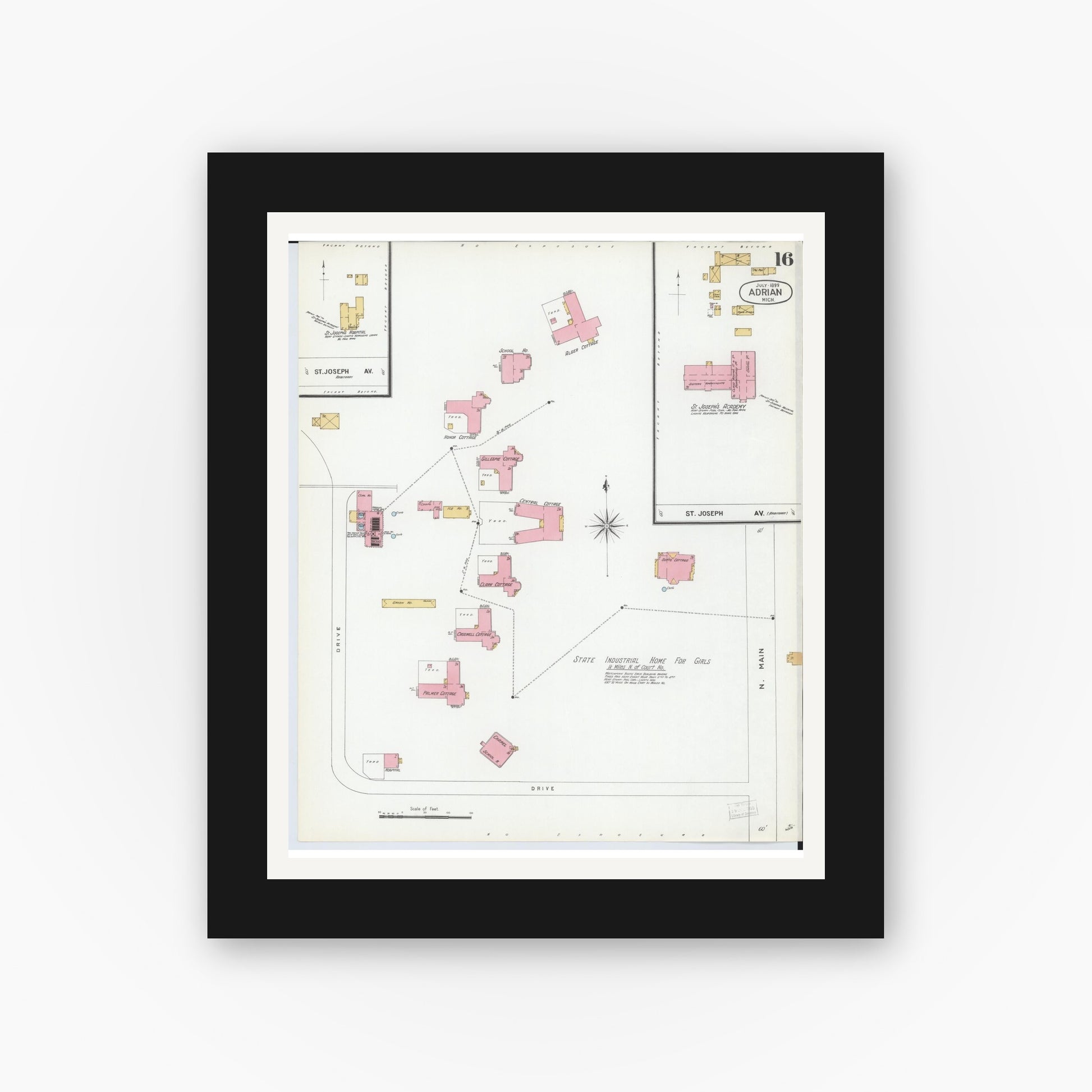 Old map wall art mockup — black gallery frame with white mat — Sanborn Fire Insurance Map from Adrian, Lenawee County, Michigan (1899), Sheet #0016