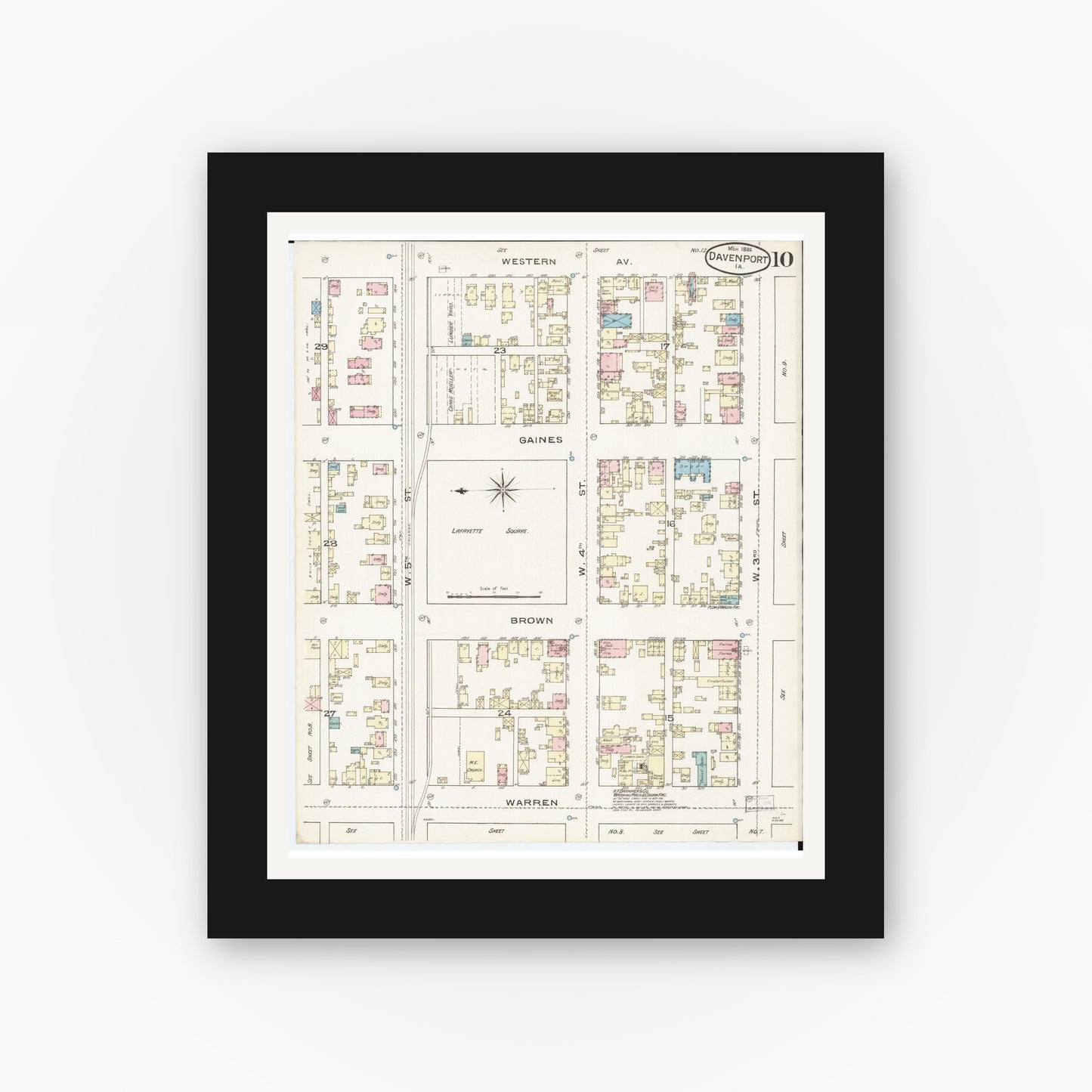 Old map wall art mockup — black gallery frame with white mat — Sanborn Fire Insurance Map from Davenport, Scott County, Iowa (1886), Sheet #0010