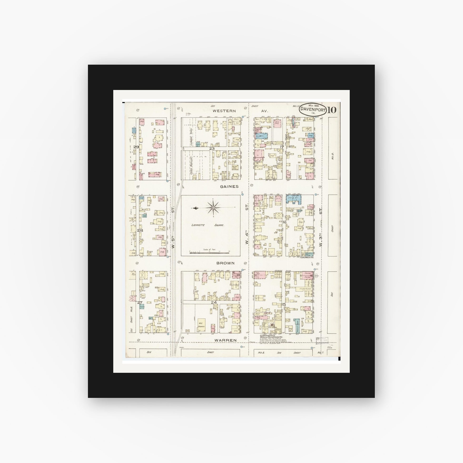 Old map wall art mockup — black gallery frame with white mat — Sanborn Fire Insurance Map from Davenport, Scott County, Iowa (1886), Sheet #0010