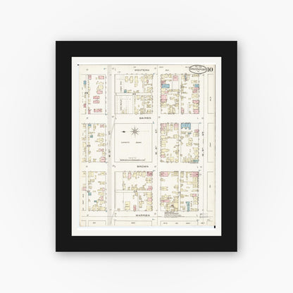 Old map wall art mockup — black gallery frame with white mat — Sanborn Fire Insurance Map from Davenport, Scott County, Iowa (1886), Sheet #0010