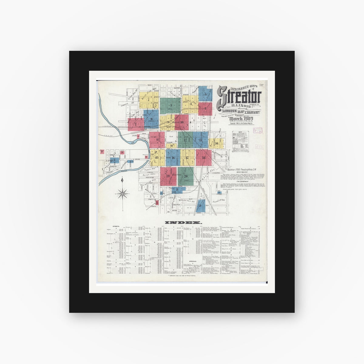 Old map wall art mockup — black gallery frame with white mat — Sanborn Fire Insurance Map from Streator, La Salle County, Illinois (1909) - Complete Map Set