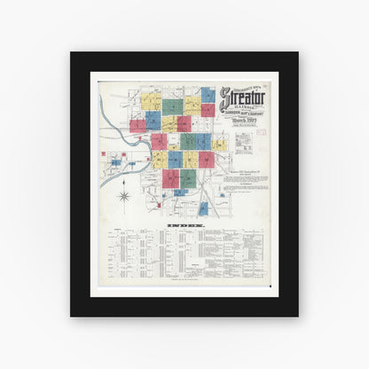 Old map wall art mockup — black gallery frame with white mat — Sanborn Fire Insurance Map from Streator, La Salle County, Illinois (1909) - Complete Map Set