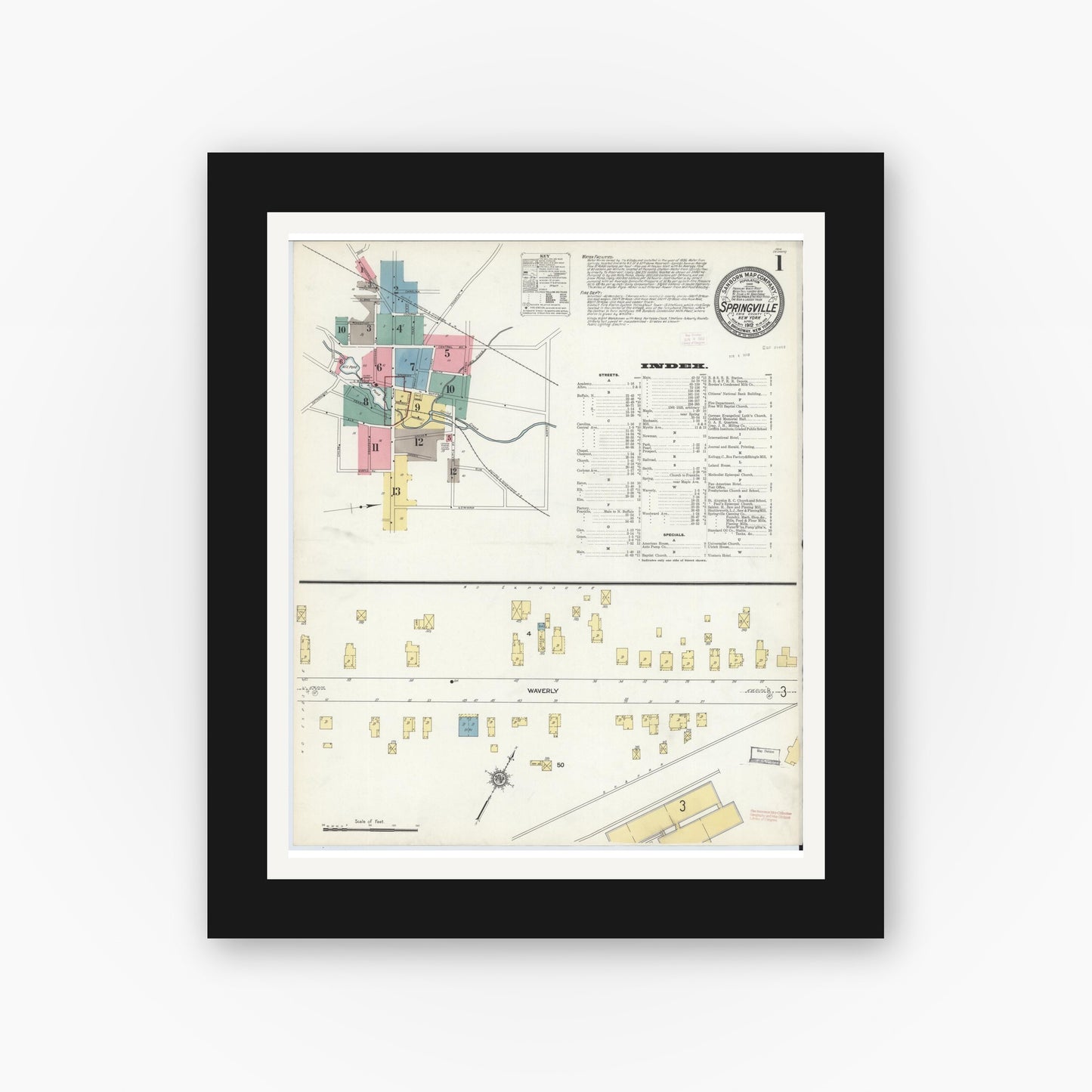 Old map wall art mockup — black gallery frame with white mat — Sanborn Fire Insurance Map from Springville, Erie County, New York (1912) - Complete Map Set