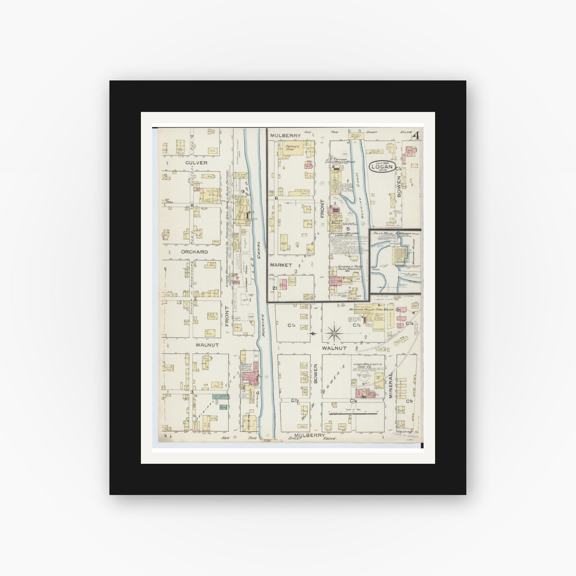 Old map wall art mockup — black gallery frame with white mat — Sanborn Fire Insurance Map from Logan, Hocking County, Ohio (1886), Sheet #0004