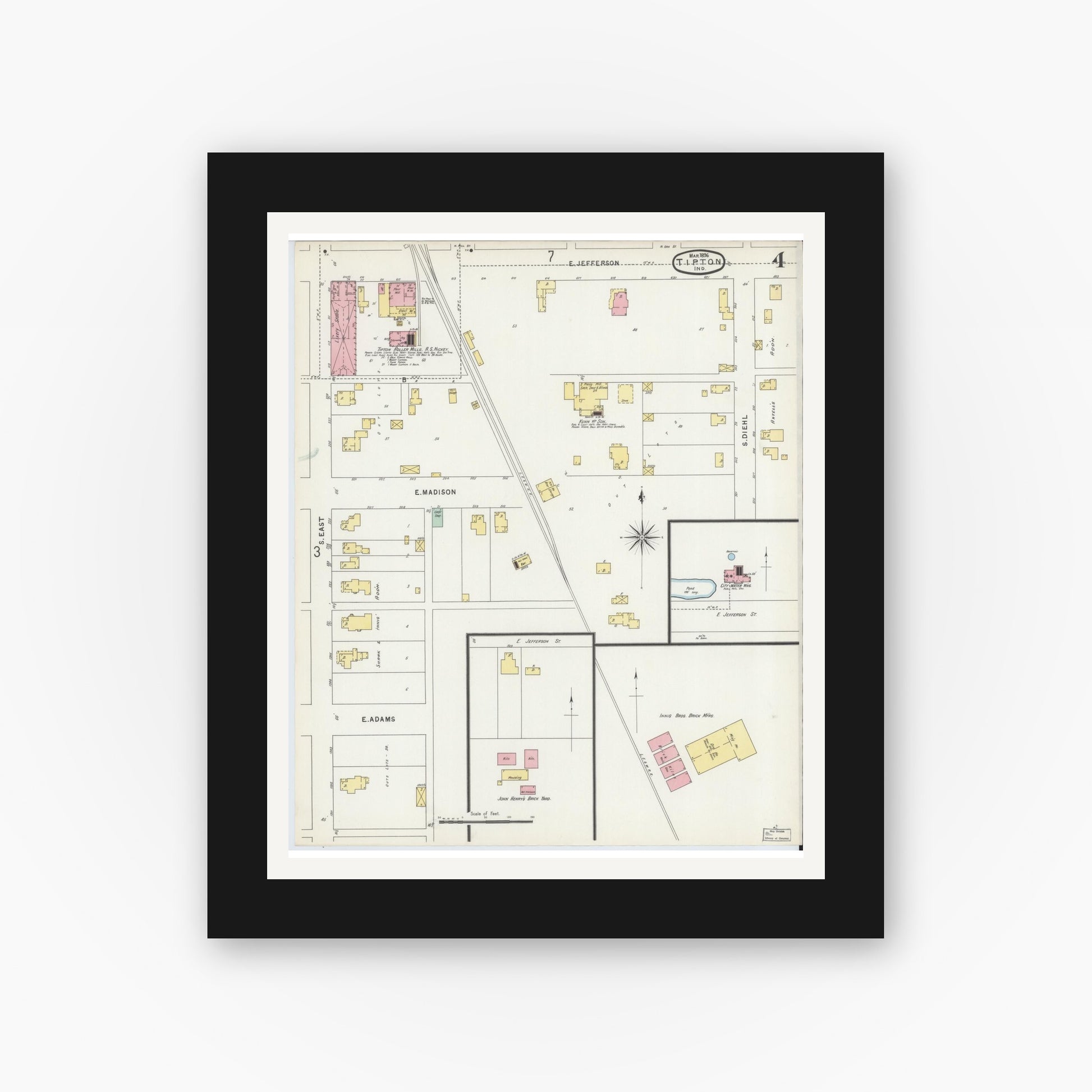 Old map wall art mockup — black gallery frame with white mat — Sanborn Fire Insurance Map from Tipton, Tipton County, Indiana (1896), Sheet #0004