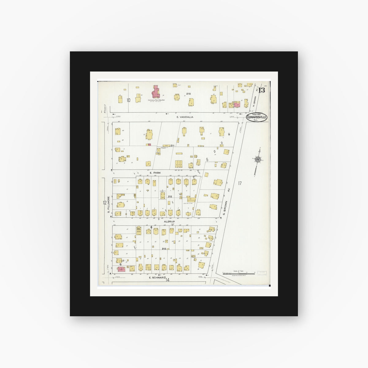 Old map wall art mockup — black gallery frame with white mat — Sanborn Fire Insurance Map from Edwardsville, Madison County, Illinois (1921), Sheet #0013