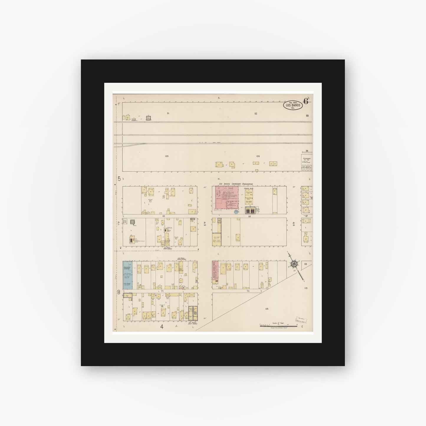 Old map wall art mockup — black gallery frame with white mat — Sanborn Fire Insurance Map from Los Banos, Merced County, California (1920), Sheet #0006