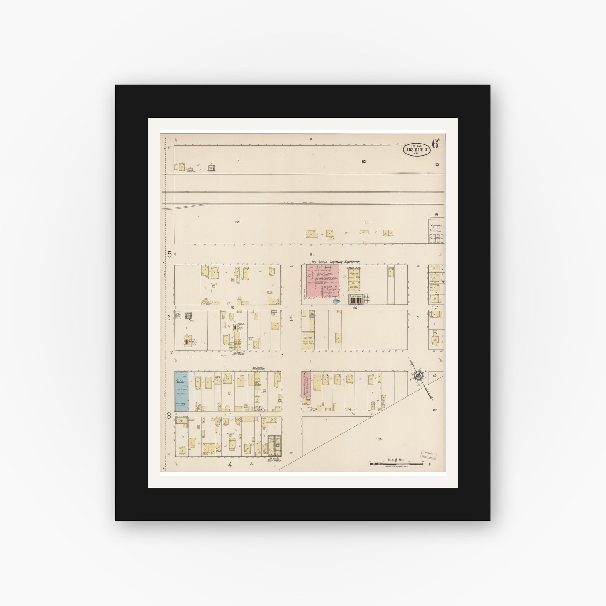 Old map wall art mockup — black gallery frame with white mat — Sanborn Fire Insurance Map from Los Banos, Merced County, California (1920), Sheet #0006