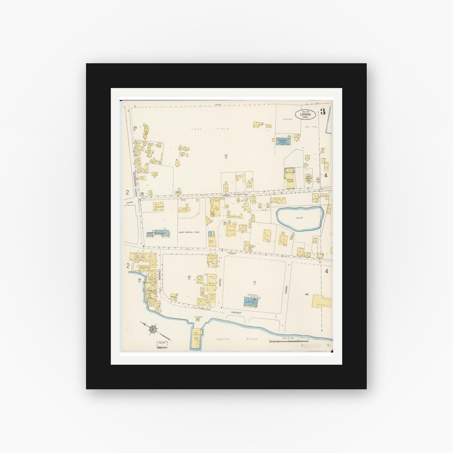 Old map wall art mockup — black gallery frame with white mat — Sanborn Fire Insurance Map from Lahaina, Maui County, Hawaii (1914), Sheet #0003