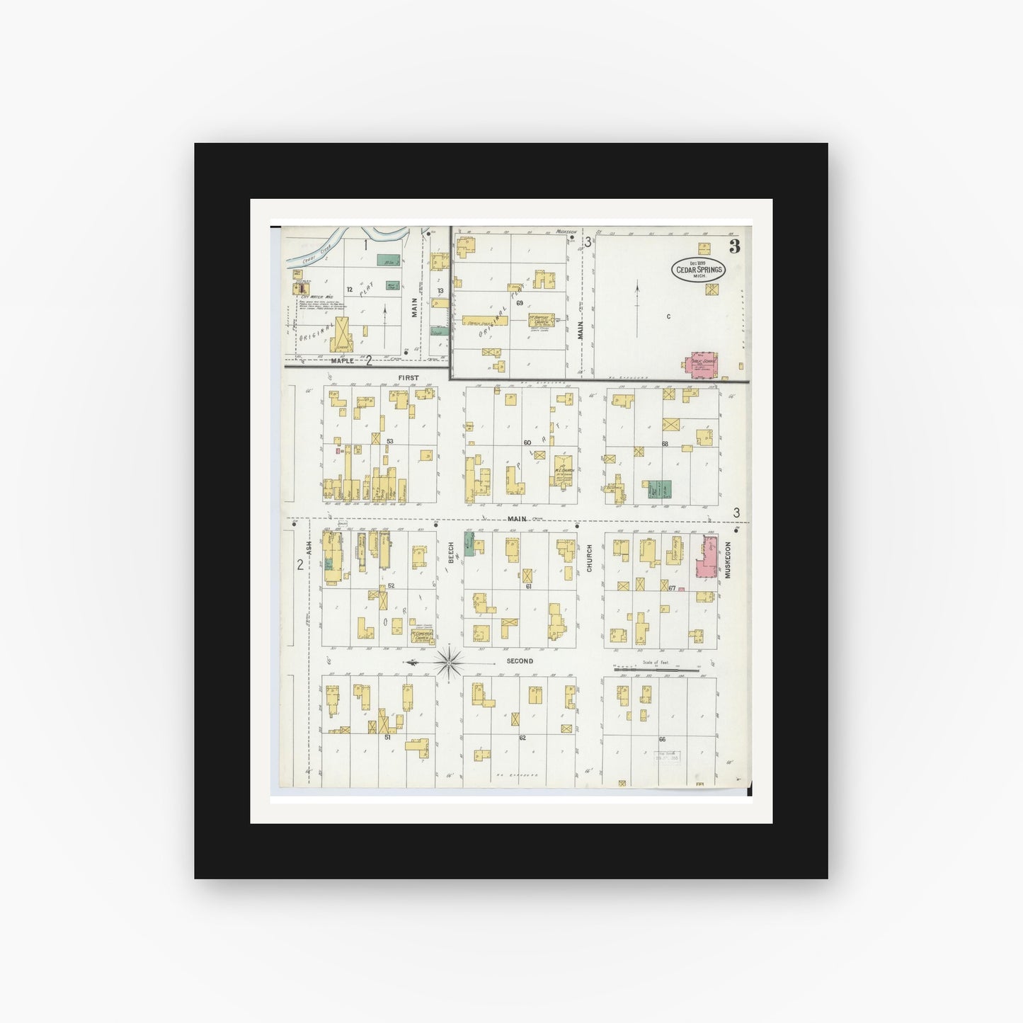 Old map wall art mockup — black gallery frame with white mat — Sanborn Fire Insurance Map from Cedar Springs, Kent County, Michigan (1899), Sheet #0003
