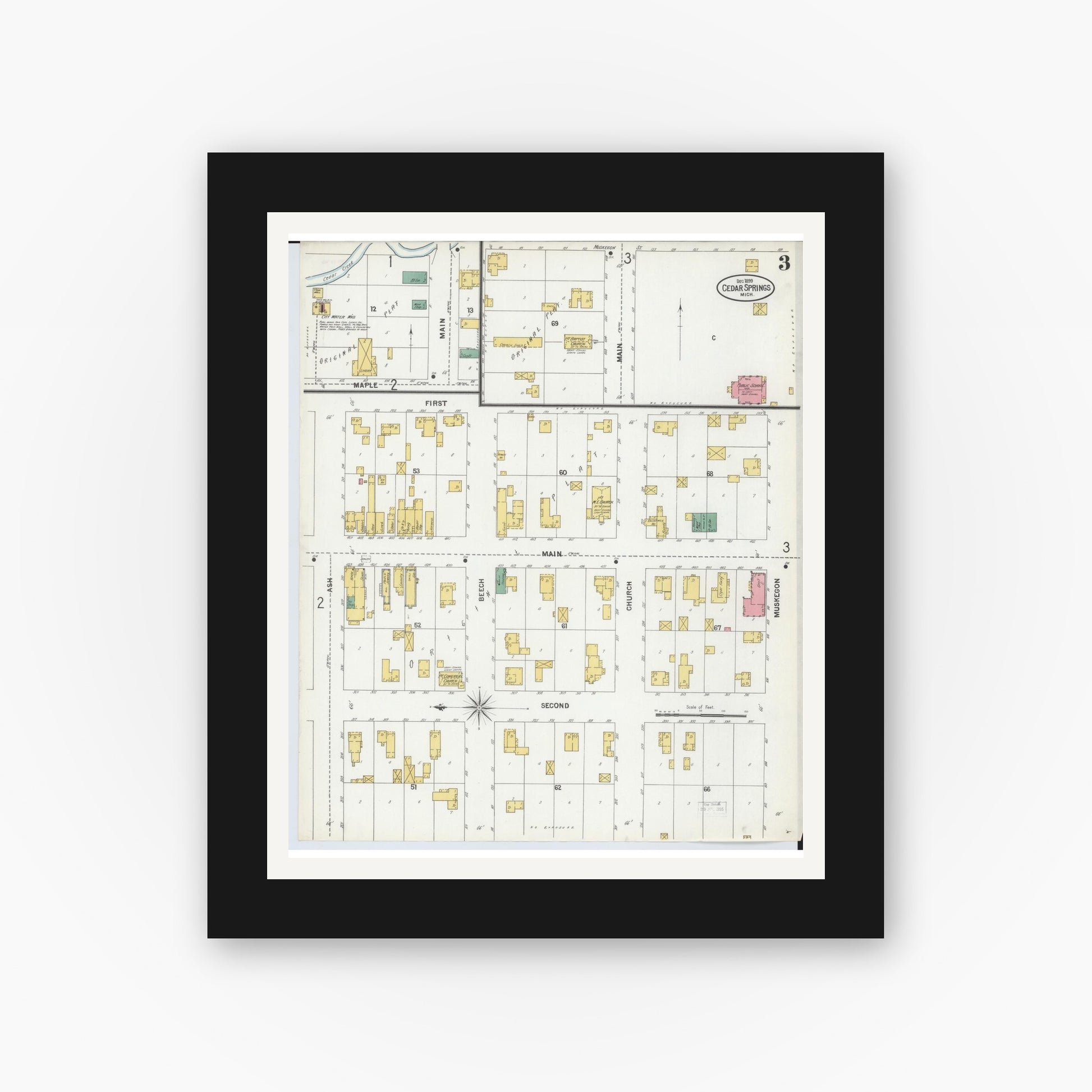 Old map wall art mockup — black gallery frame with white mat — Sanborn Fire Insurance Map from Cedar Springs, Kent County, Michigan (1899), Sheet #0003