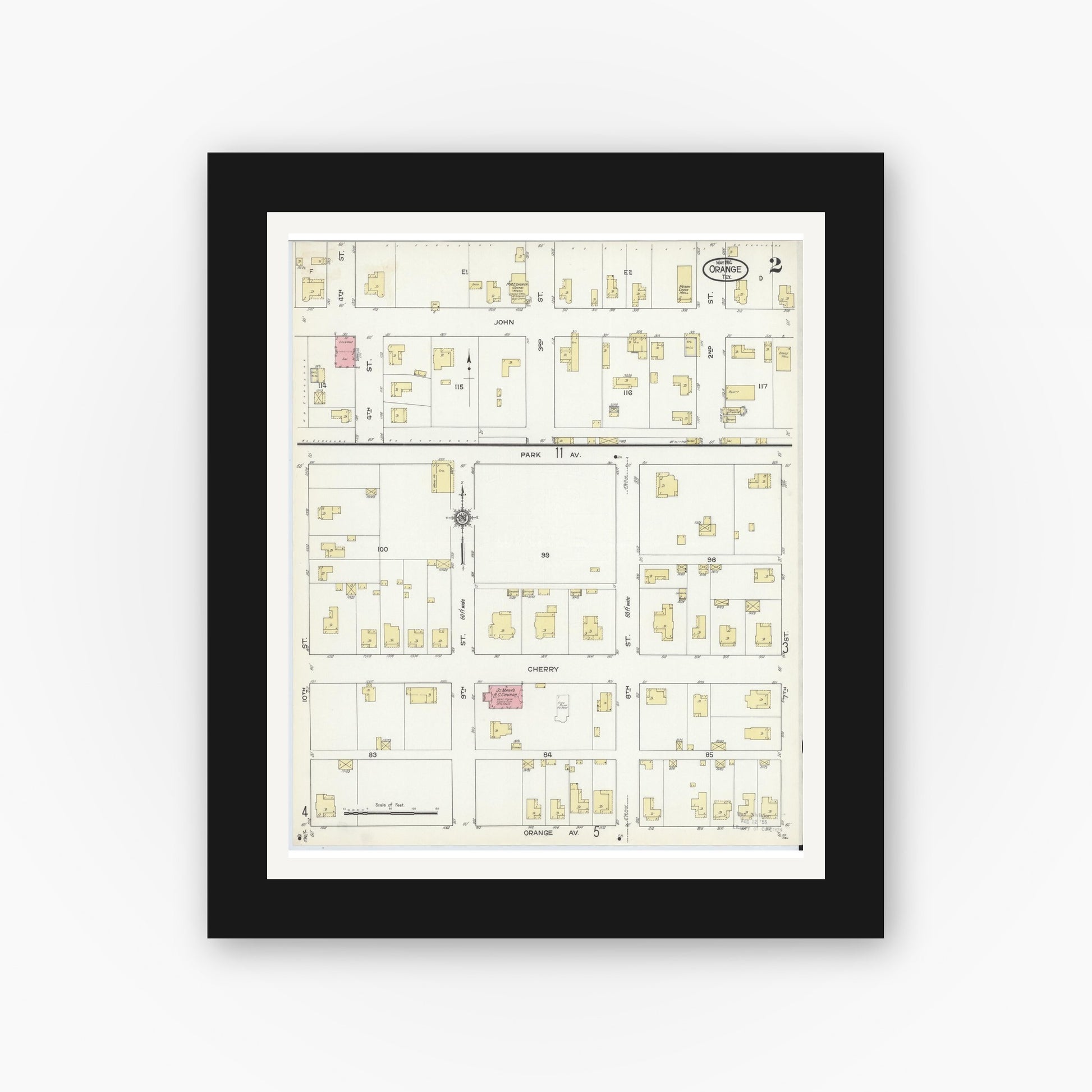 Old map wall art mockup — black gallery frame with white mat — Sanborn Fire Insurance Map from Orange, Orange County, Texas (1914), Sheet #0002