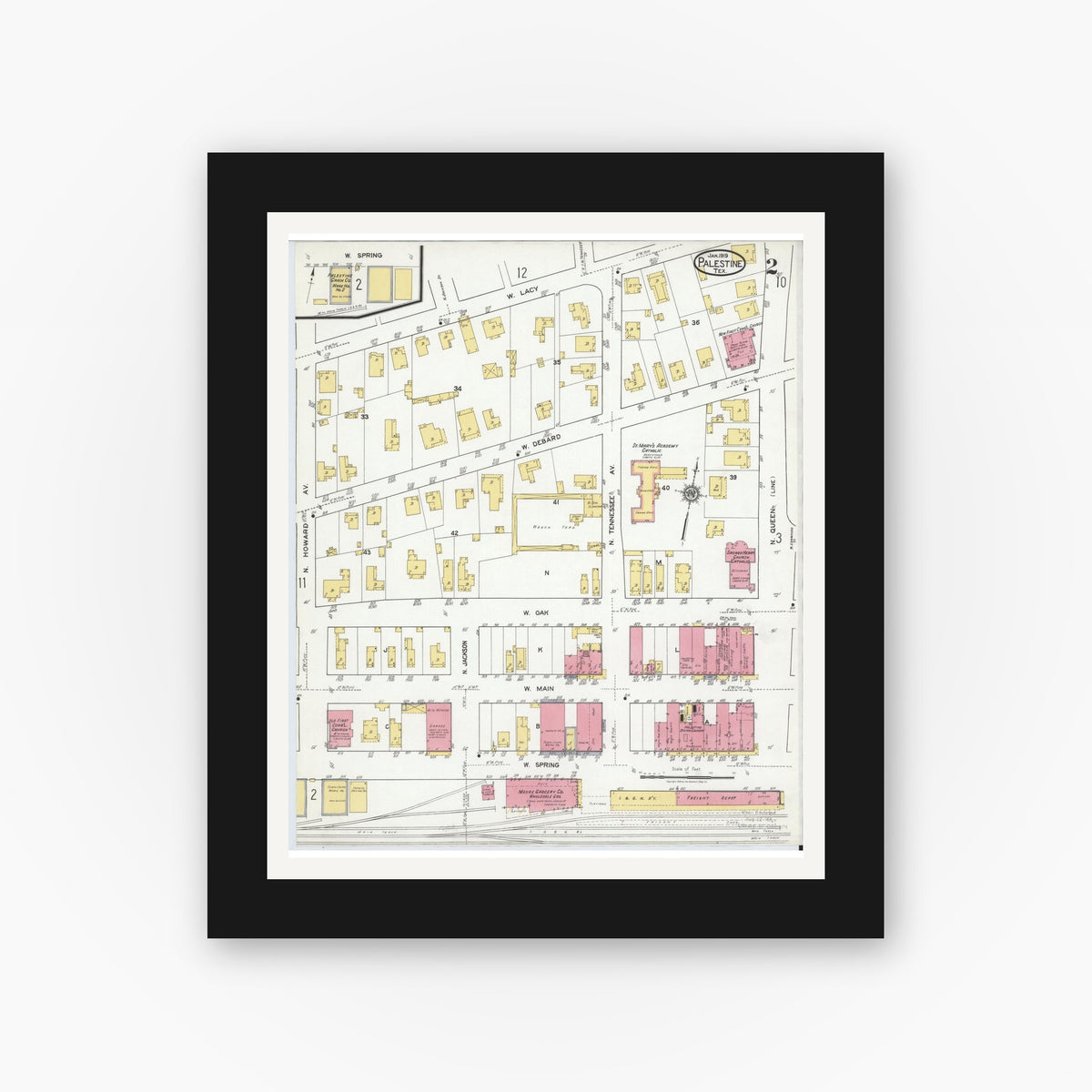 Old map wall art mockup — black gallery frame with white mat — Sanborn Fire Insurance Map from Palestine, Anderson County, Texas (1919), Sheet #0002
