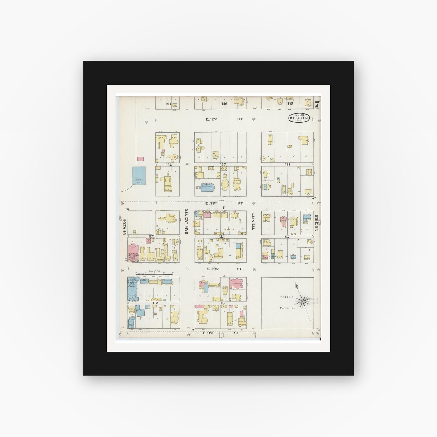 Old map wall art mockup — black gallery frame with white mat — Sanborn Fire Insurance Map from Austin, Travis County, Texas (1894), Sheet #0007