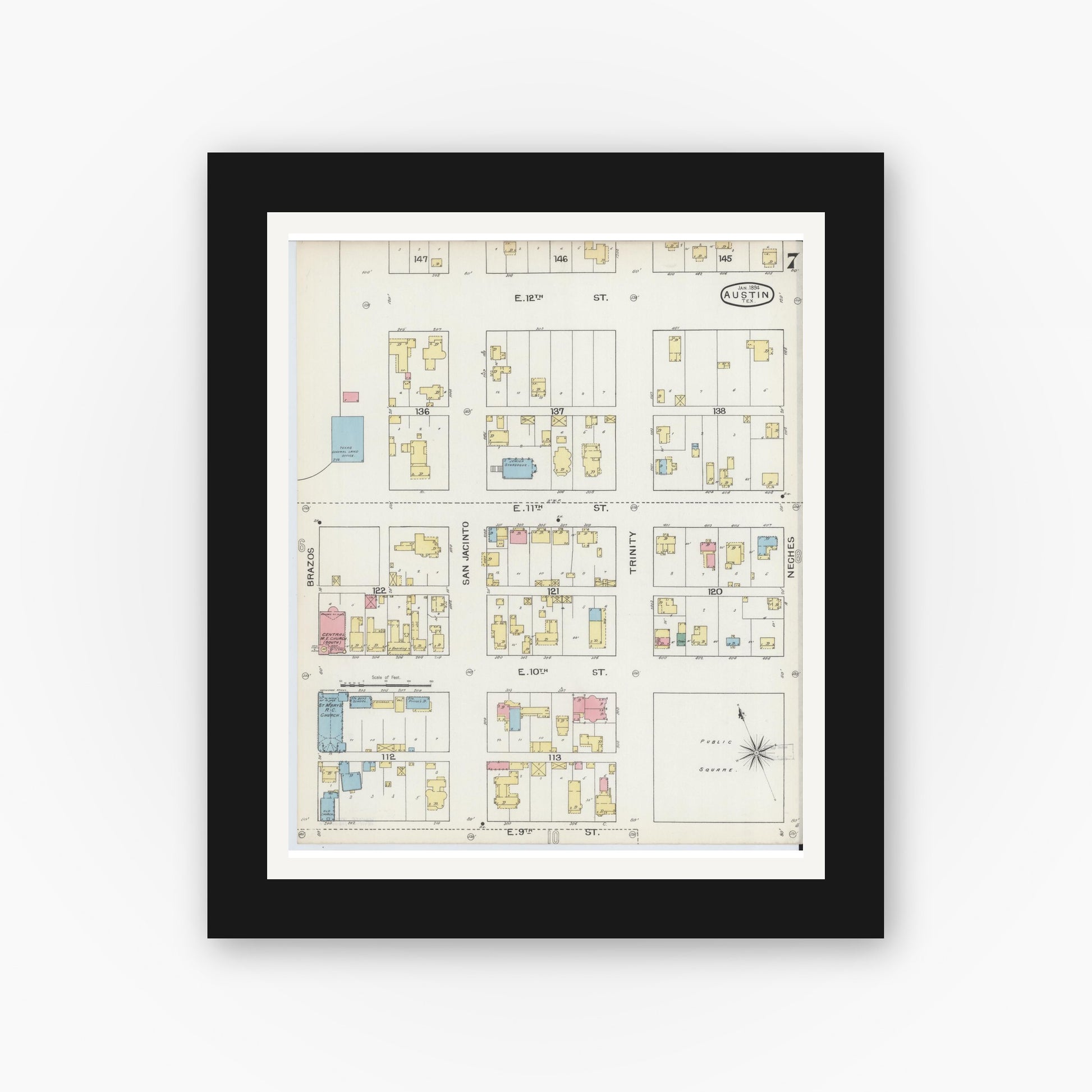 Old map wall art mockup — black gallery frame with white mat — Sanborn Fire Insurance Map from Austin, Travis County, Texas (1894), Sheet #0007