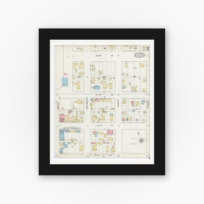 Old map wall art mockup — black gallery frame with white mat — Sanborn Fire Insurance Map from Austin, Travis County, Texas (1894), Sheet #0007