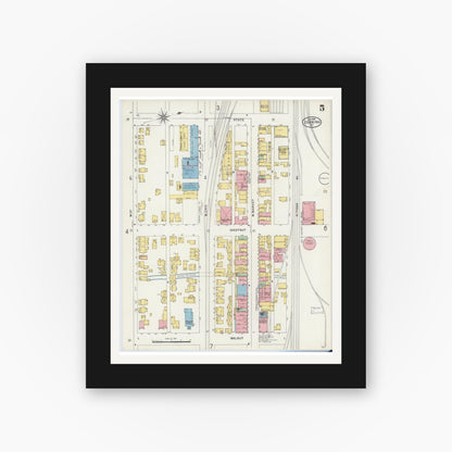 Old map wall art mockup — black gallery frame with white mat — Sanborn Fire Insurance Map from Corning, Steuben County, New York (1898), Sheet #0005